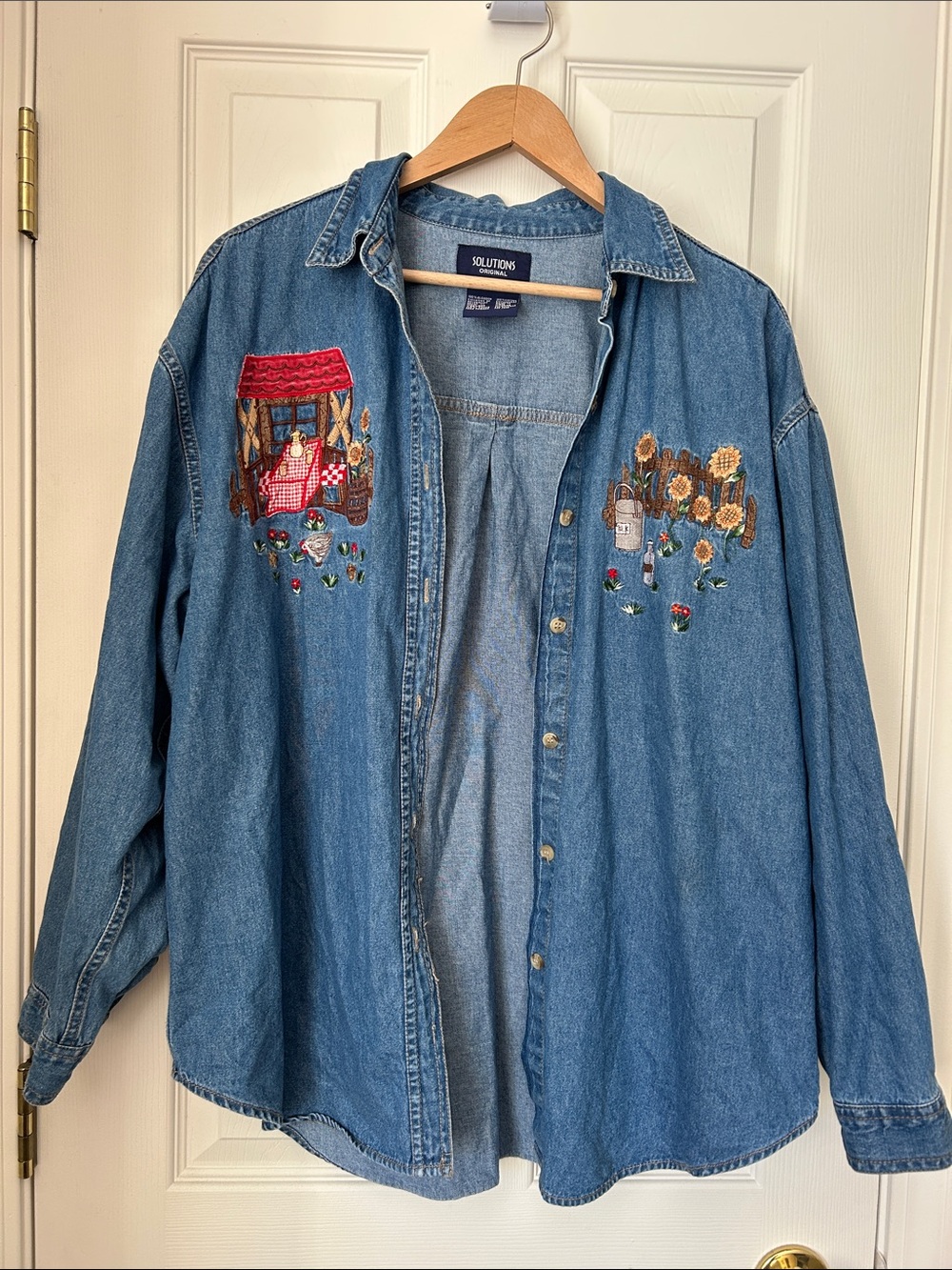 Embroidered Blue Denim Shirt Jacket with Farmhouse Motif